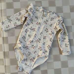 Quincy Mae Floral Ruffle Long Sleeve Swimsuit - Cream and Pink